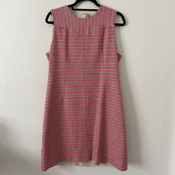 J.Crew Sz 14 Italian Tie Waist Red White Herringbone Tweed Sheath Dress Career - Picture 2 of 11